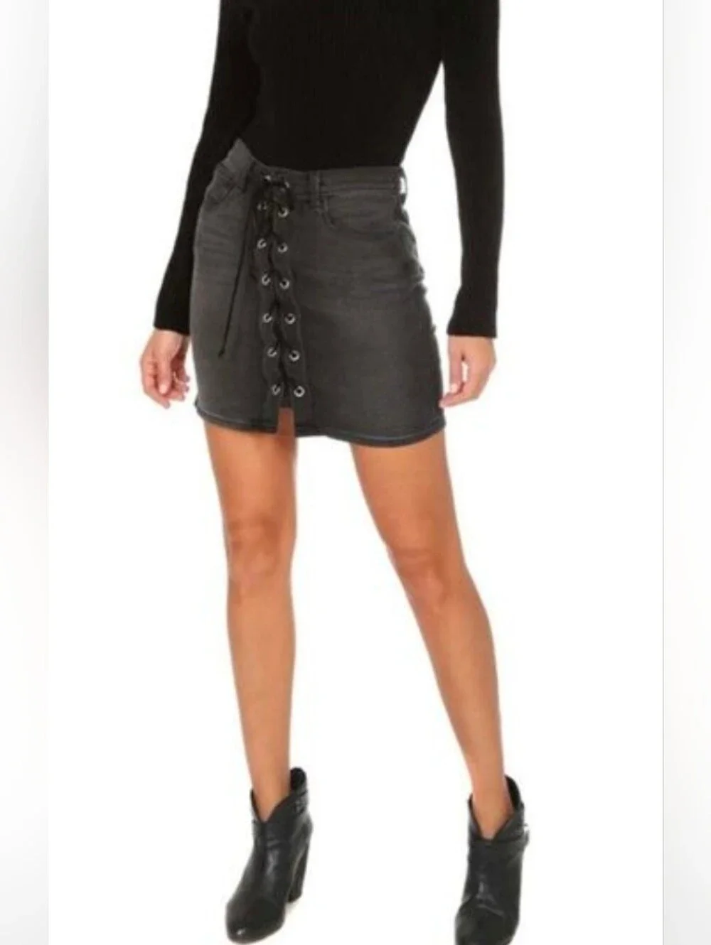 L'AGENCE Portia High Rise Women's Black Denim Lace Up Mini Skirt sz 27